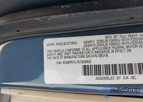 2006 Subaru Outback 2.5I from USA, damaged, VIN 4S4BP61C767354903